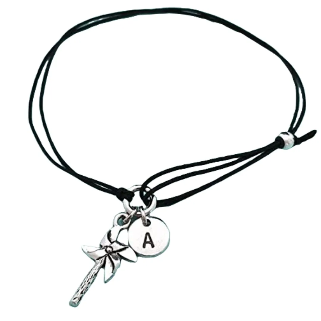Pinwheel cord bracelet, pinwheel charm bracelet, adjustable bracelet, charm bracelet, personalized bracelet, initial, monogram