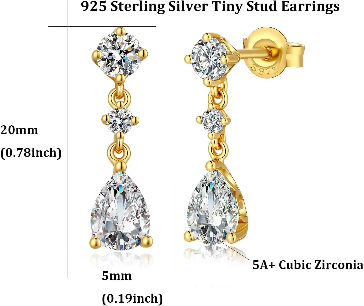 Platinum Plated Tiny Dangle Drop Earrings for Women 925 Sterling Silver CZ Diamond Drop Stud Earrings with 5A  Cubic Zirconia Small Danling Earrings