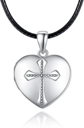 PRAYMOS Heart Locket Necklace for Women 925 Sterling Silver Cross Locket Necklace Vintage Locket Necklace That Holds Pictures Necklace Locket Memories Jewelry Gift