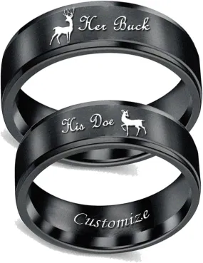 Promise Couple Rings Her Buck His Doe Engraved Inside Custom Matching for Wedding Engagement Valentine's Day Titanium Stainless Steel Black A Pair
