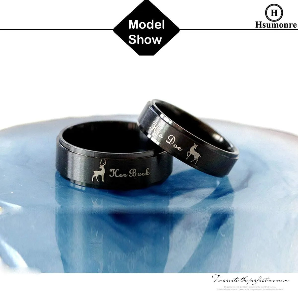 Promise Couple Rings Her Buck His Doe Engraved Inside Custom Matching for Wedding Engagement Valentine's Day Titanium Stainless Steel Black A Pair