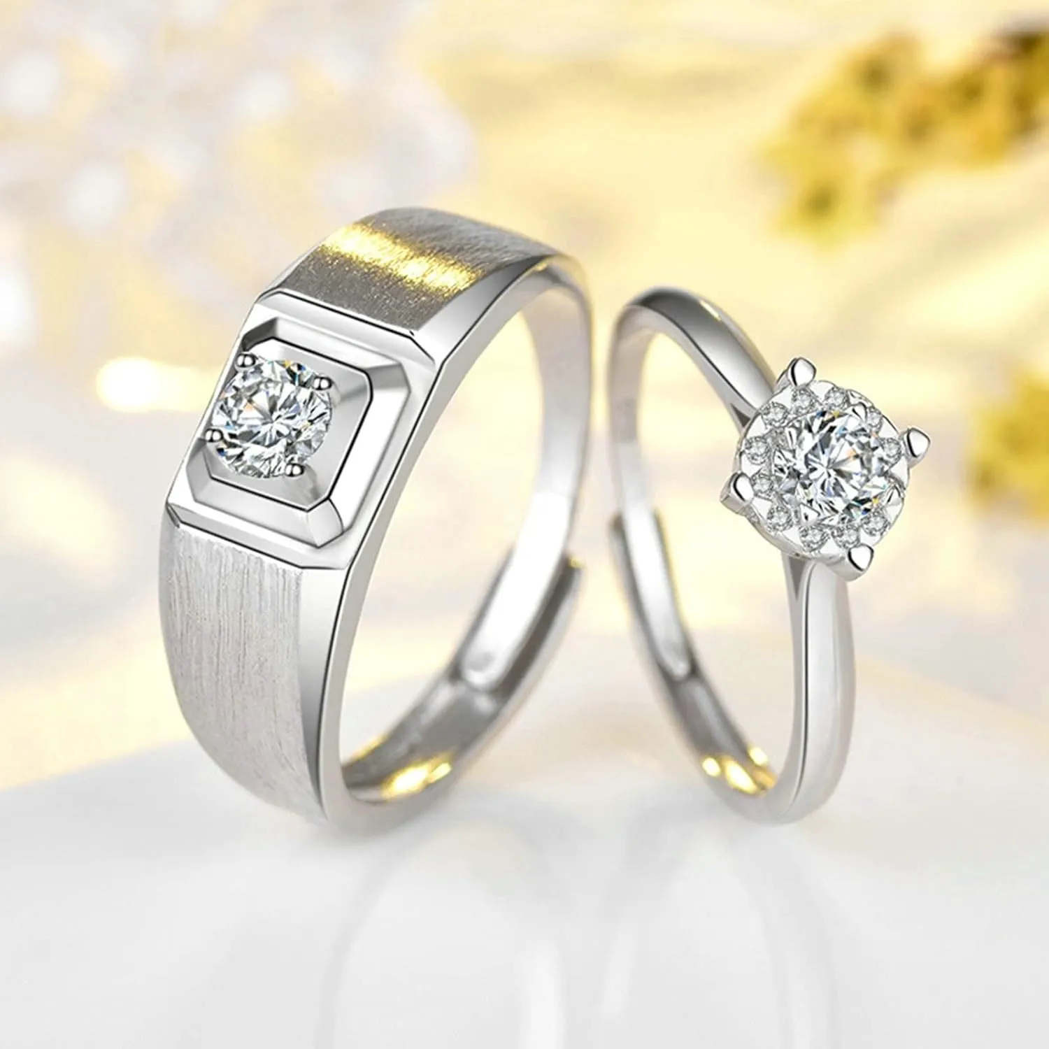 Promise Rings Adjustable Set, Engagement Rings for Couples Customizable 925 Sterling Silver Solitaire Ring with Cubic Zirconia
