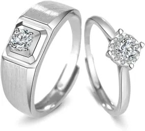Promise Rings Adjustable Set, Engagement Rings for Couples Customizable 925 Sterling Silver Solitaire Ring with Cubic Zirconia
