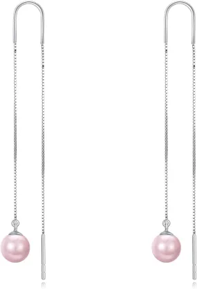 Pull Through Earrings Sterling Silver Long Piercing Nature Stone Ball Threader Drop Earrings Ear Line Dangle Earrings Jewelry Gifts for Women Teen Girls