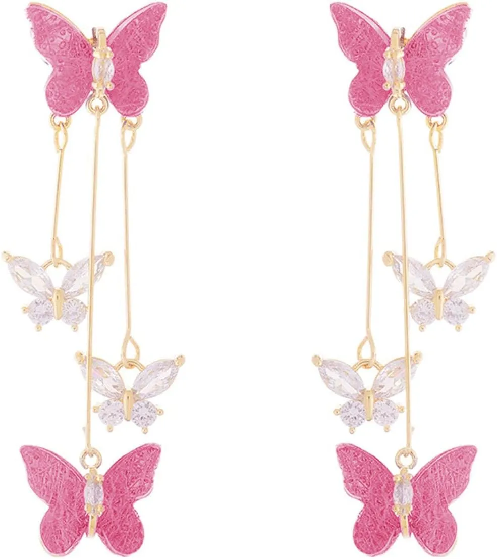 Purple Butterfly Tassel Style Zircon Earrings for Women Crystal Rhinestone Drop Earrings Long Butterfly Dangle Earrings Wedding Jewelry for Women