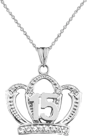 QUINCEANERA SWEET 15 ANOS PRINCESS CROWN PENDANT NECKLACE IN STERLING SILVER - Pendant/Necklace Option: Pendant With 16" Chain