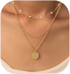 RANKEEF Layered Gold Necklaces For Women 14K Gold Plated Adjustable Pearl Round Piece Bar Layered Necklace Sleek Herringbone Chain Double Circle Layered Necklace Set Gold Layered Necklaces For Women