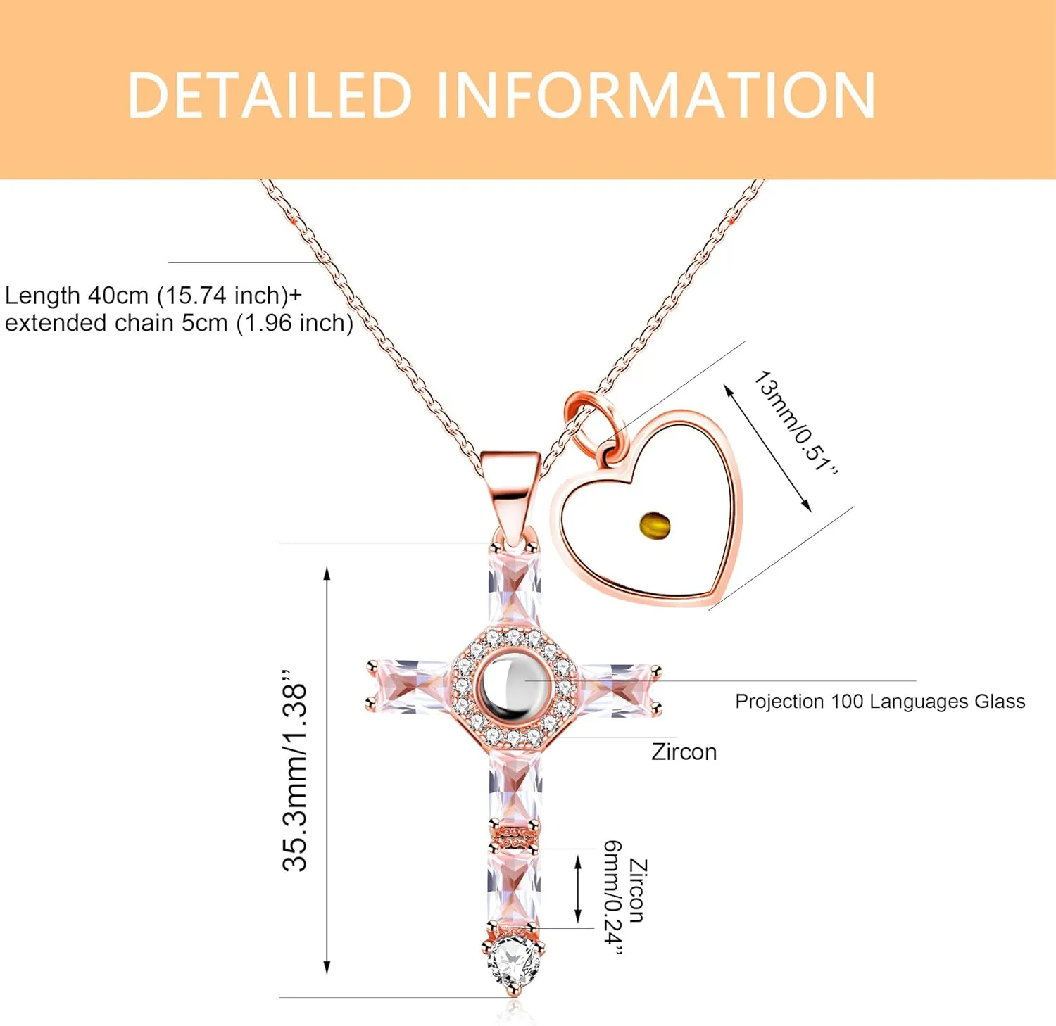 Religious Cross Pendant Projection Necklace, 100 Languages I Love You Heart-shaped Mustard Seed Pendant Stainless Steel Necklace for Women Valentine's Day Gift