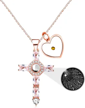 Religious Cross Pendant Projection Necklace, 100 Languages I Love You Heart-shaped Mustard Seed Pendant Stainless Steel Necklace for Women Valentine's Day Gift