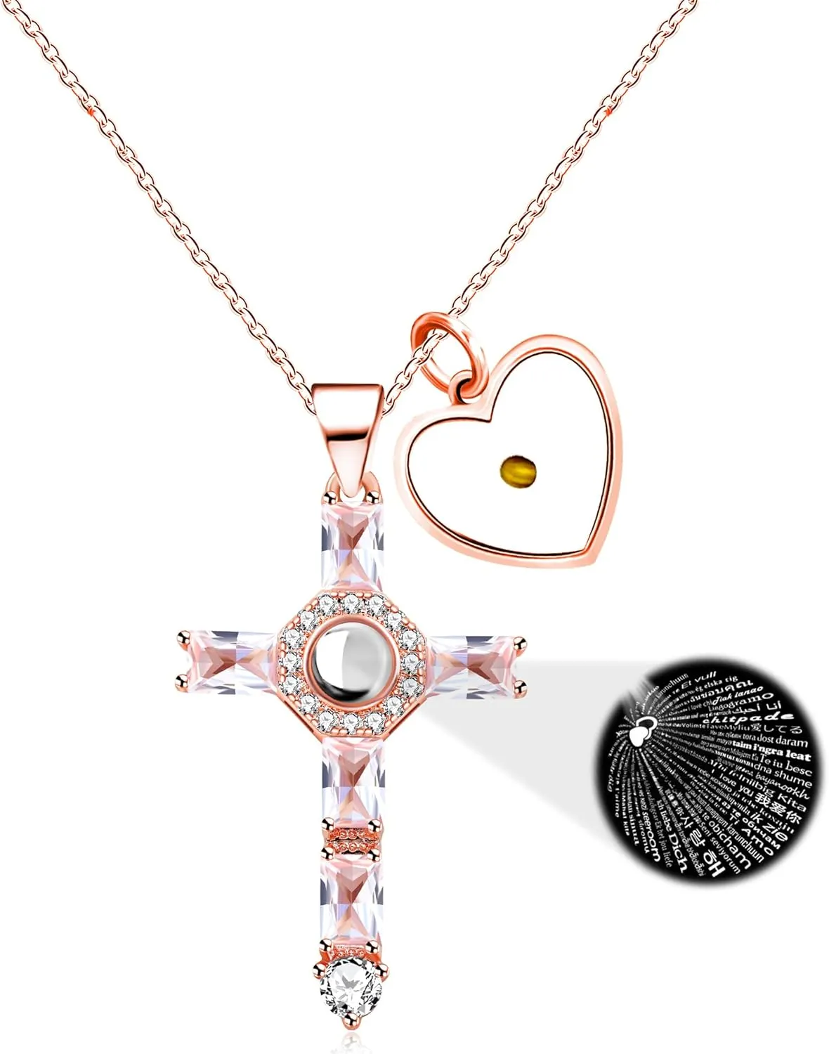 Religious Cross Pendant Projection Necklace, 100 Languages I Love You Heart-shaped Mustard Seed Pendant Stainless Steel Necklace for Women Valentine's Day Gift