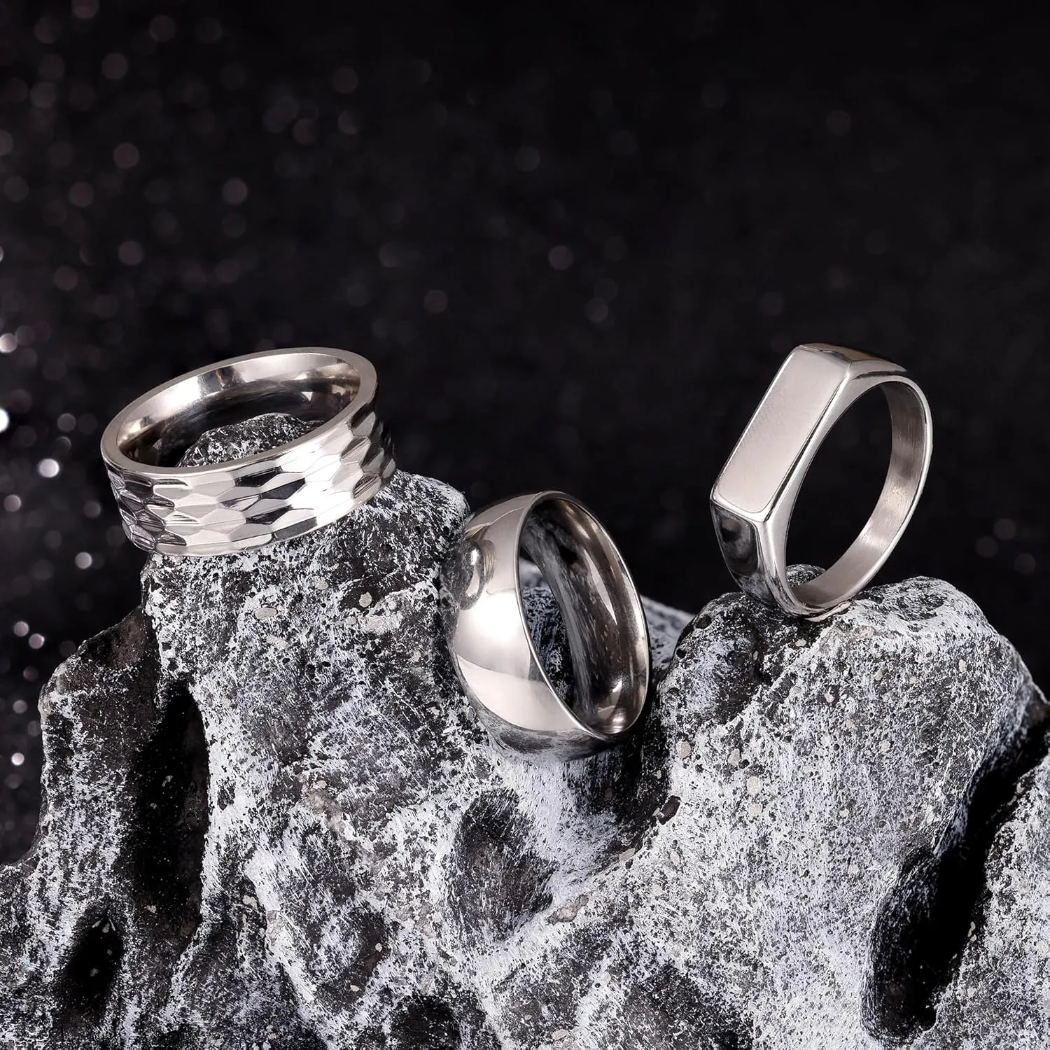 REVOLIA 3Pcs Stainless Steel Rings for Men 8MM Hammered Wedding Ring Set Square Signet Rings Pinky Silver Ring Simple Mens Band Rings Gold/Black/Silver Size 7-13