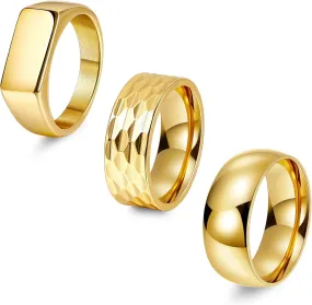 REVOLIA 3Pcs Stainless Steel Rings for Men 8MM Hammered Wedding Ring Set Square Signet Rings Pinky Silver Ring Simple Mens Band Rings Gold/Black/Silver Size 7-13