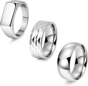 REVOLIA 3Pcs Stainless Steel Rings for Men 8MM Hammered Wedding Ring Set Square Signet Rings Pinky Silver Ring Simple Mens Band Rings Gold/Black/Silver Size 7-13