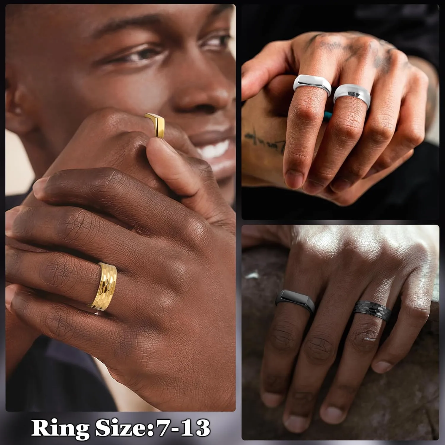 REVOLIA 3Pcs Stainless Steel Rings for Men 8MM Hammered Wedding Ring Set Square Signet Rings Pinky Silver Ring Simple Mens Band Rings Gold/Black/Silver Size 7-13