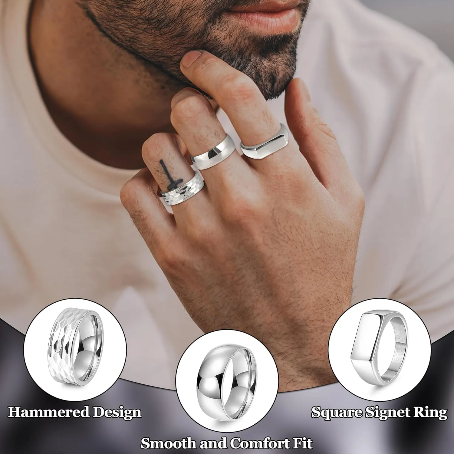 REVOLIA 3Pcs Stainless Steel Rings for Men 8MM Hammered Wedding Ring Set Square Signet Rings Pinky Silver Ring Simple Mens Band Rings Gold/Black/Silver Size 7-13