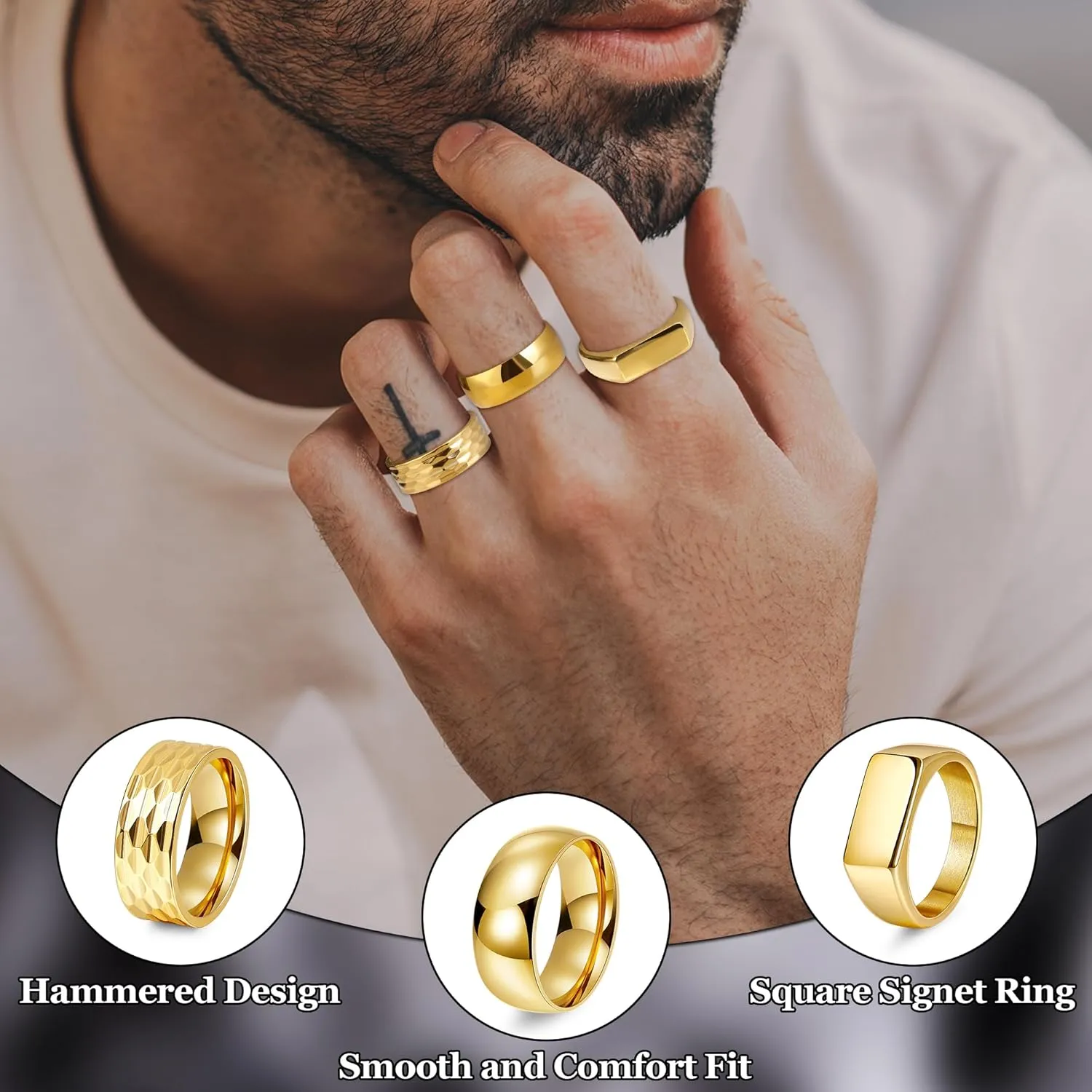 REVOLIA 3Pcs Stainless Steel Rings for Men 8MM Hammered Wedding Ring Set Square Signet Rings Pinky Silver Ring Simple Mens Band Rings Gold/Black/Silver Size 7-13