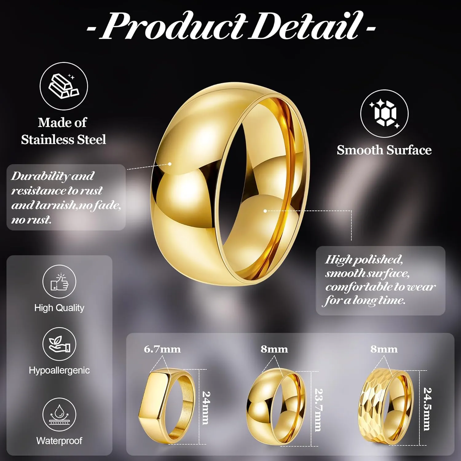 REVOLIA 3Pcs Stainless Steel Rings for Men 8MM Hammered Wedding Ring Set Square Signet Rings Pinky Silver Ring Simple Mens Band Rings Gold/Black/Silver Size 7-13