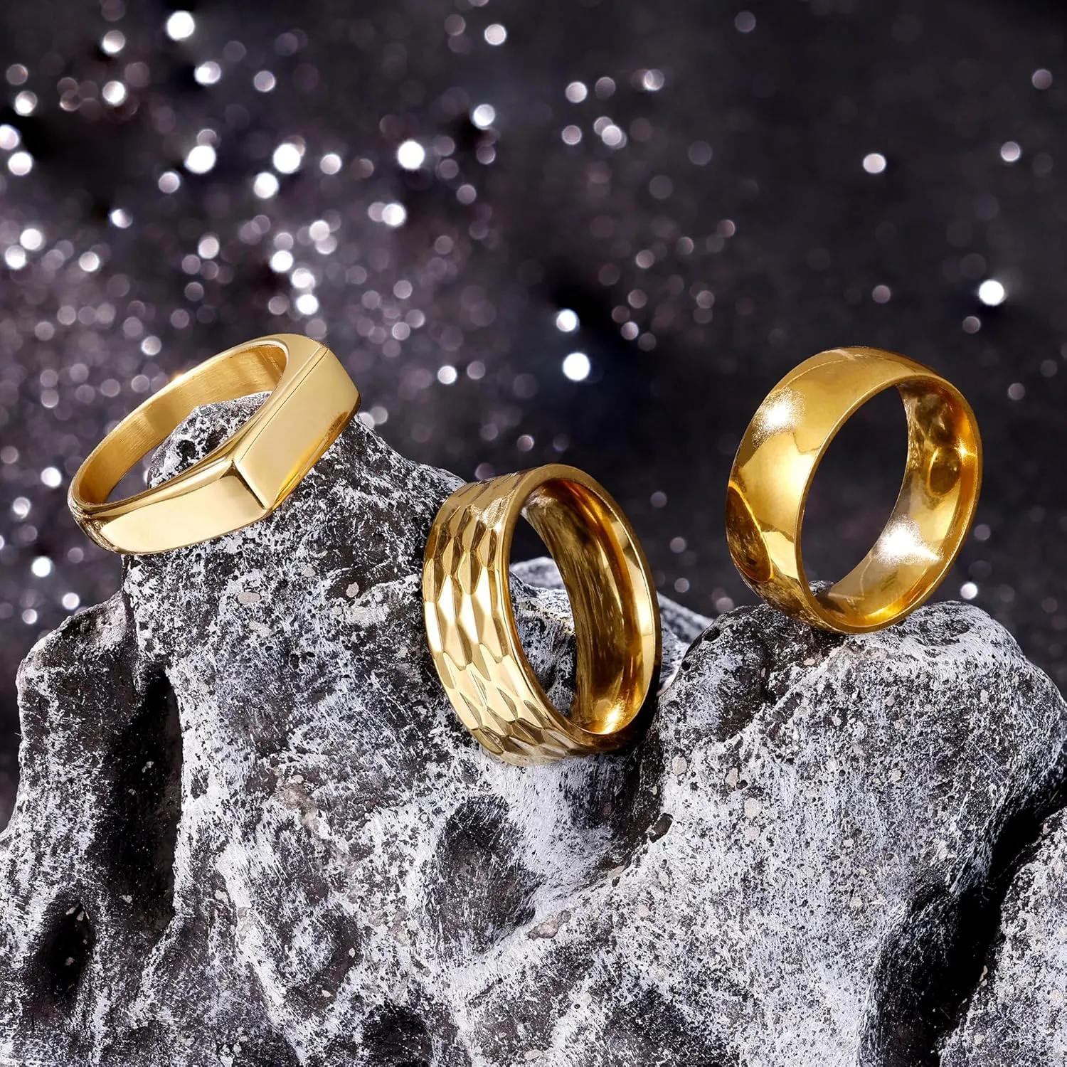 REVOLIA 3Pcs Stainless Steel Rings for Men 8MM Hammered Wedding Ring Set Square Signet Rings Pinky Silver Ring Simple Mens Band Rings Gold/Black/Silver Size 7-13