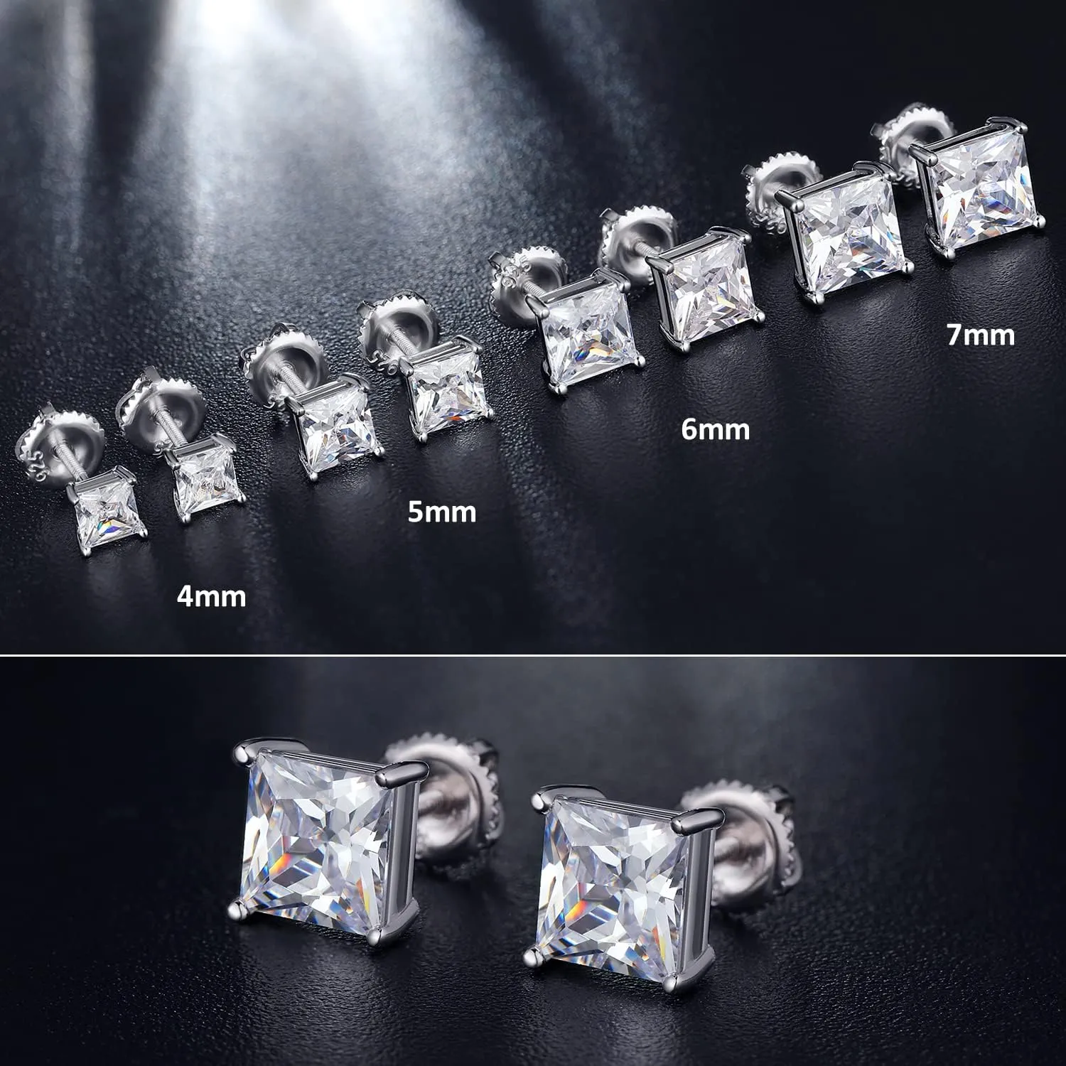 Rhodium Plated Sparkling CZ Diamond Stud Earrings 925 Sterling Silver Round Cut and Princess Cut 5A  Cubic Zirconia Stud Earrings | Screw Back CZ Stud Earrings Hypoallergenic Earrings