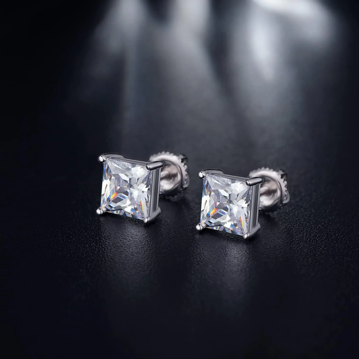 Rhodium Plated Sparkling CZ Diamond Stud Earrings 925 Sterling Silver Round Cut and Princess Cut 5A  Cubic Zirconia Stud Earrings | Screw Back CZ Stud Earrings Hypoallergenic Earrings