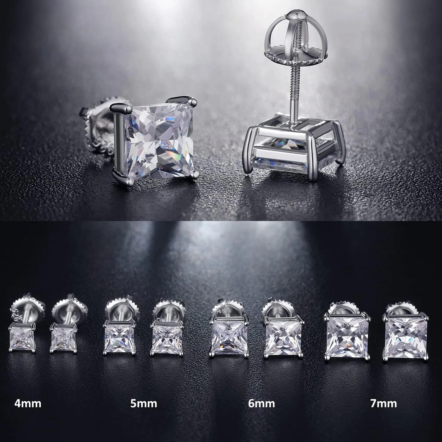 Rhodium Plated Sparkling CZ Diamond Stud Earrings 925 Sterling Silver Round Cut and Princess Cut 5A  Cubic Zirconia Stud Earrings | Screw Back CZ Stud Earrings Hypoallergenic Earrings