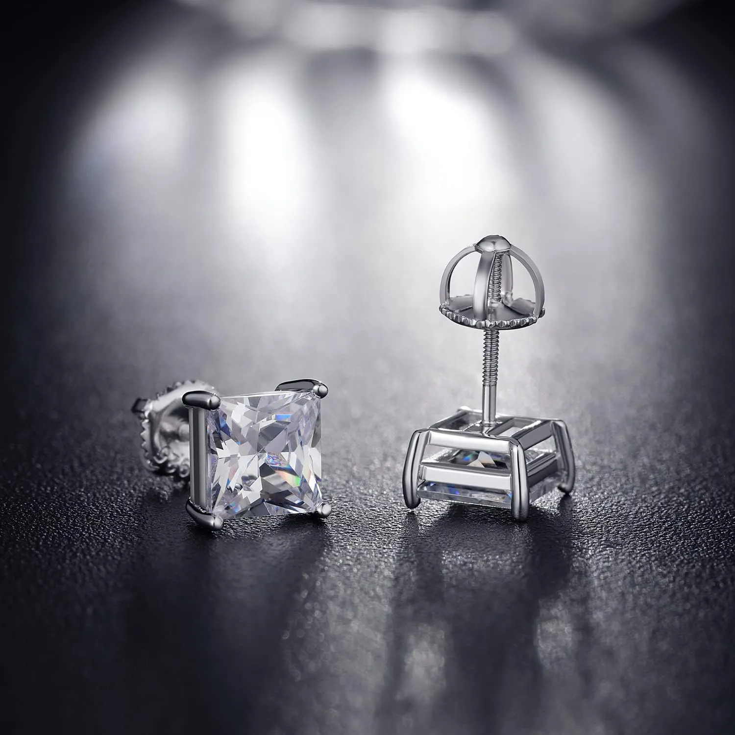 Rhodium Plated Sparkling CZ Diamond Stud Earrings 925 Sterling Silver Round Cut and Princess Cut 5A  Cubic Zirconia Stud Earrings | Screw Back CZ Stud Earrings Hypoallergenic Earrings