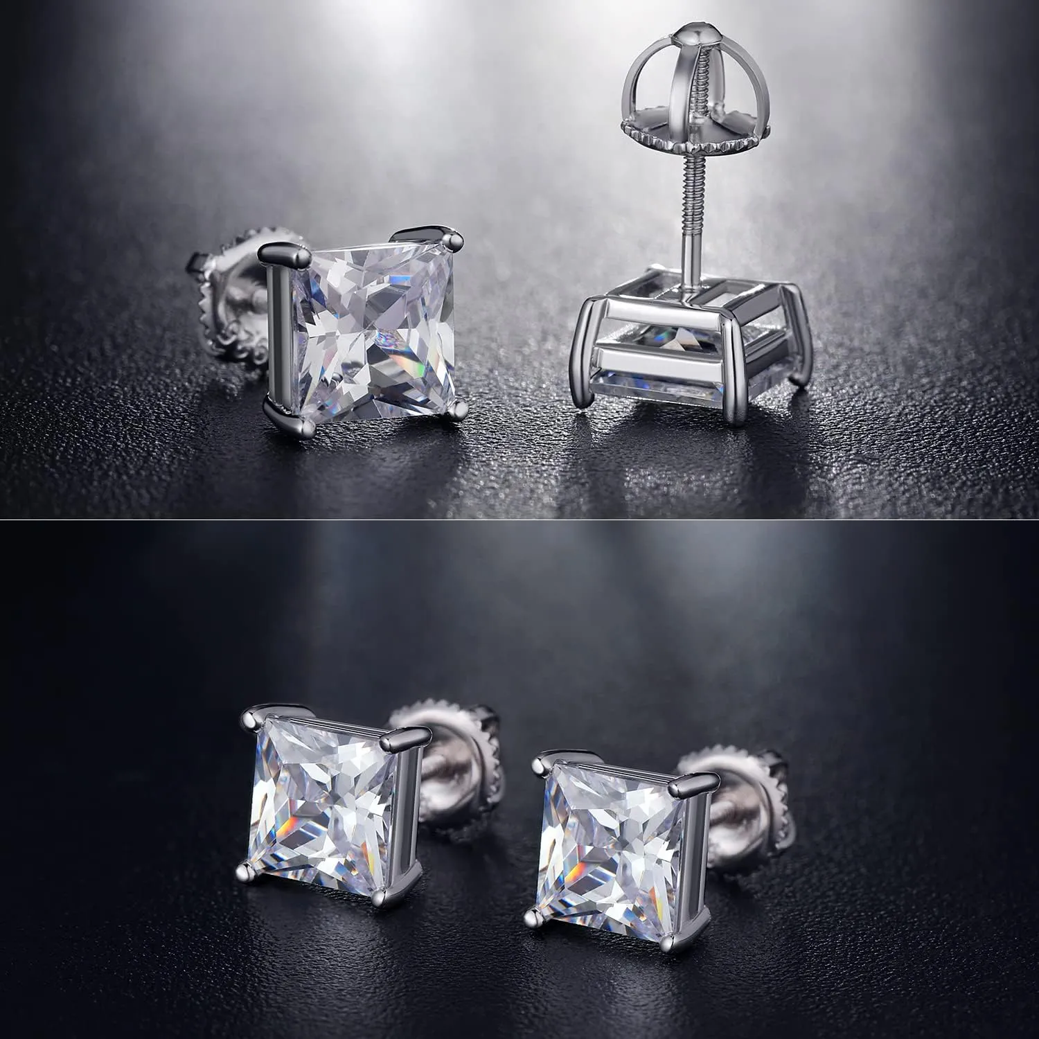Rhodium Plated Sparkling CZ Diamond Stud Earrings 925 Sterling Silver Round Cut and Princess Cut 5A  Cubic Zirconia Stud Earrings | Screw Back CZ Stud Earrings Hypoallergenic Earrings
