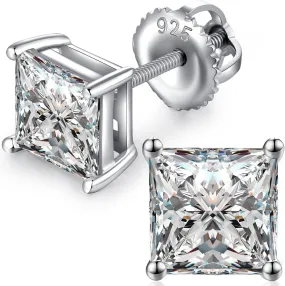Rhodium Plated Sparkling CZ Diamond Stud Earrings 925 Sterling Silver Round Cut and Princess Cut 5A  Cubic Zirconia Stud Earrings | Screw Back CZ Stud Earrings Hypoallergenic Earrings