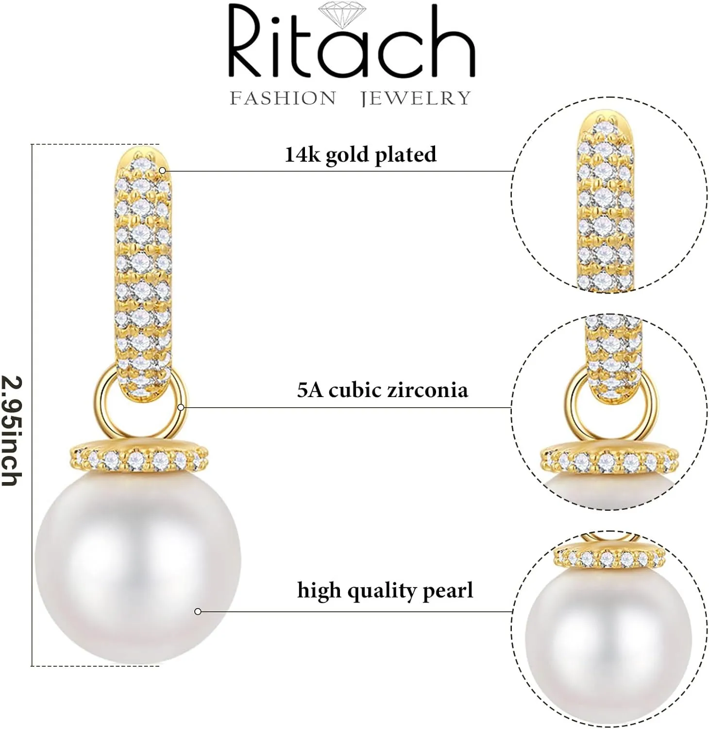 RITACH Small Pearl Earrings for Women 925 Sterling Silver Plated White Gold Dangle Drop Earrings Cubic Zirconia Pearl Drop Earrings