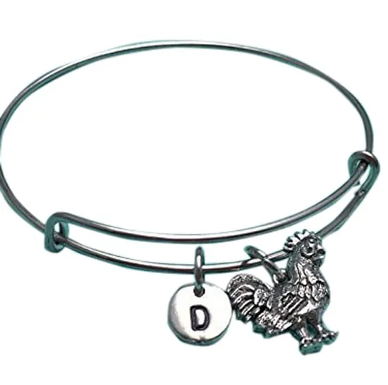 Rooster bangle bracelet, rooster charm bracelet, chicken charm bracelet, bird charm bracelet, personalized bracelet, initial charm