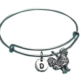 Rooster bangle bracelet, rooster charm bracelet, chicken charm bracelet, bird charm bracelet, personalized bracelet, initial charm
