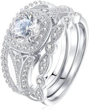 Round White CZ Solitaire Cute Silver Wedding Rings Stack Band for Women Round Cubic Zirconia 3 pcs Bridal Ring Set