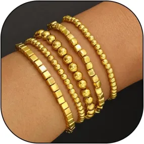 Rrdaily Gold Stackable Beaded Bracelet Set for Women Vintage Silver Stretch Beads Bangles String Bracelet Pack Hand Birthday Jewelry Gifts