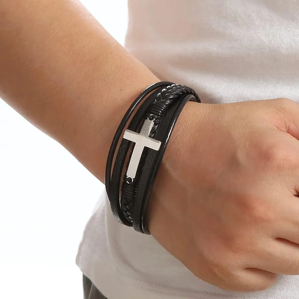 Rrdaily Layered Woven Leather Rope Cross Bracelets, Silver Stainless Steel Buckle Statement Bracelets, Trendy Sports Jewelry Gifts for Women Men Women