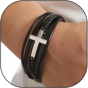Rrdaily Layered Woven Leather Rope Cross Bracelets, Silver Stainless Steel Buckle Statement Bracelets, Trendy Sports Jewelry Gifts for Women Men Women