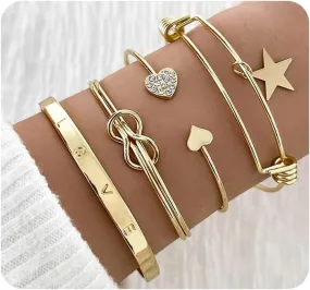 Rrdaily Vintage Layered Gold Cuff Bracelet Set for Women Boho Chunky Stackable Open Wrap Bangle Punk Heart Arrow Leaf Adjustable Bracelets Jewelry