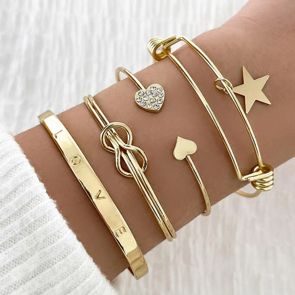 Rrdaily Vintage Layered Gold Cuff Bracelet Set for Women Boho Chunky Stackable Open Wrap Bangle Punk Heart Arrow Leaf Adjustable Bracelets Jewelry