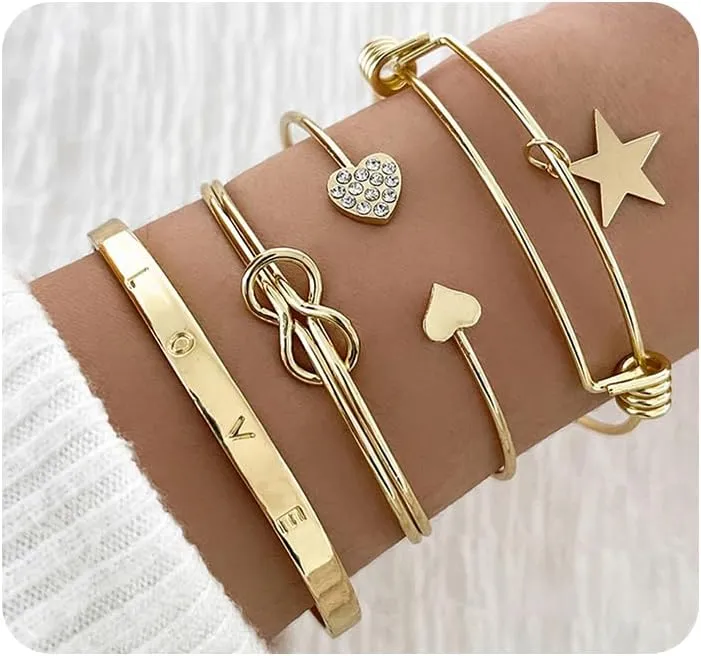 Rrdaily Vintage Layered Gold Cuff Bracelet Set for Women Boho Chunky Stackable Open Wrap Bangle Punk Heart Arrow Leaf Adjustable Bracelets Jewelry