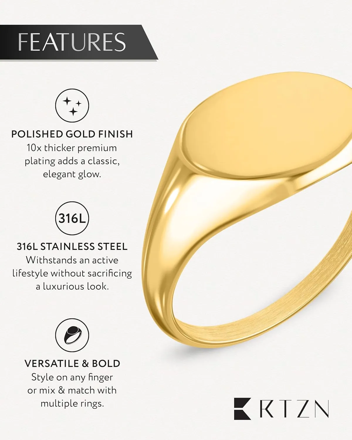 RTZN Signet Rings for Men  Premium Mens Stainless Steel Rings  100% Waterproof & Non Tarnish Plain Statement Mens Signet Ring Gold/Silver Pinky Ring for Men (SIZE: 6-12)