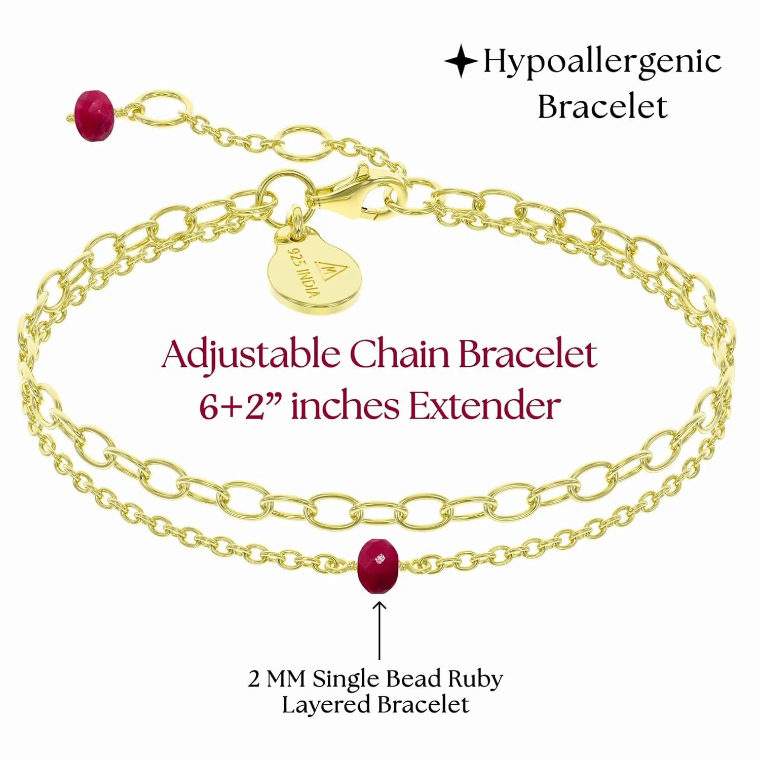 Ruby Bracelet for Women, Certified 925 Sterling Silver with Vermeil 18K Gold Bracelets for Women - Crystals and Healing Stone Layered Bracelet Women Jewelry for Gift