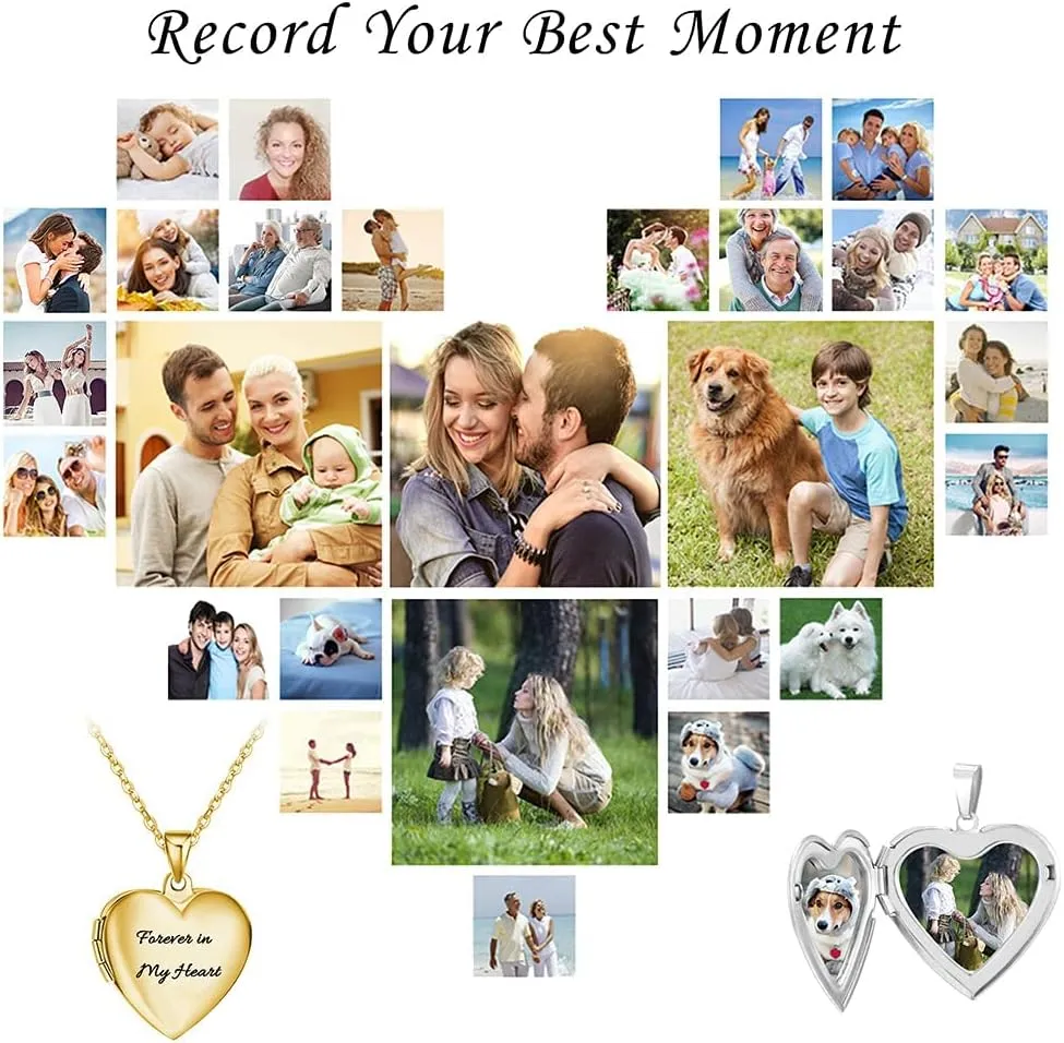 RWQIAN Personalized Heart Locket Necklace Custom Photo Locket Necklace for Women Picture Locket Pendant Necklace Engraved Any Text & Symbols Customized Lockets