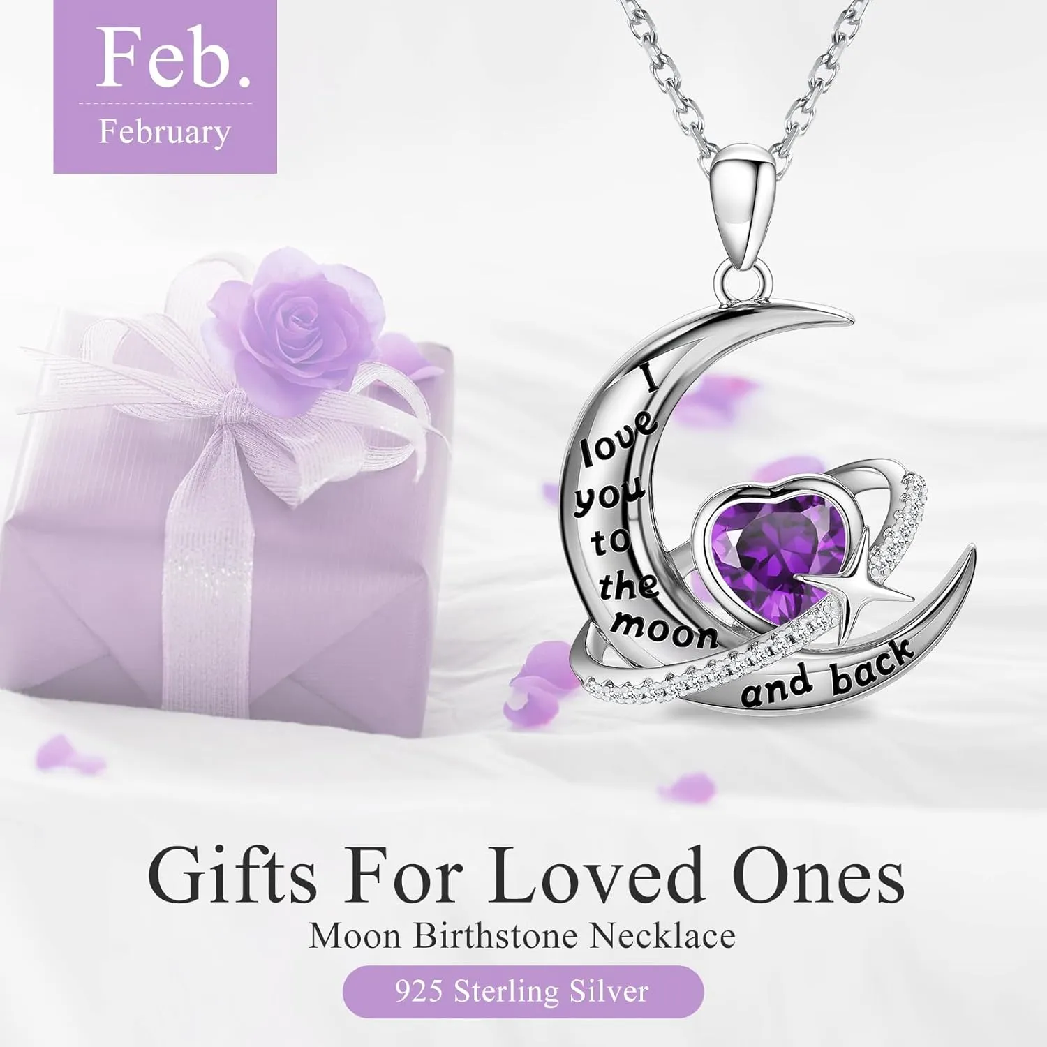 S925 Sterling Silver Moon Necklace for Women, I Love You to The Moon and Back Heart Birthstone Crescent Moon Star Pendant, Personalized Birthday Christmas Jewelry Gifts for Her/Mom/Wife