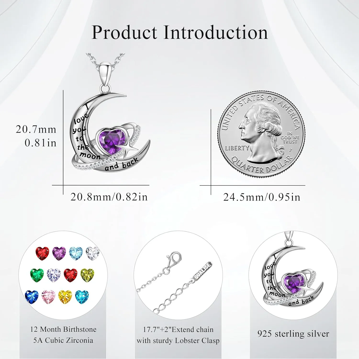 S925 Sterling Silver Moon Necklace for Women, I Love You to The Moon and Back Heart Birthstone Crescent Moon Star Pendant, Personalized Birthday Christmas Jewelry Gifts for Her/Mom/Wife