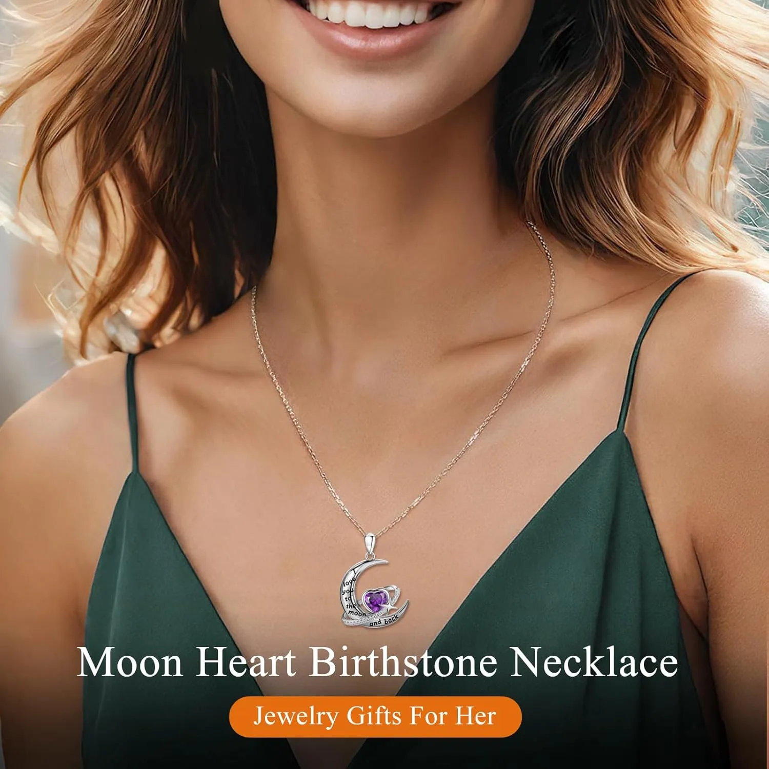 S925 Sterling Silver Moon Necklace for Women, I Love You to The Moon and Back Heart Birthstone Crescent Moon Star Pendant, Personalized Birthday Christmas Jewelry Gifts for Her/Mom/Wife