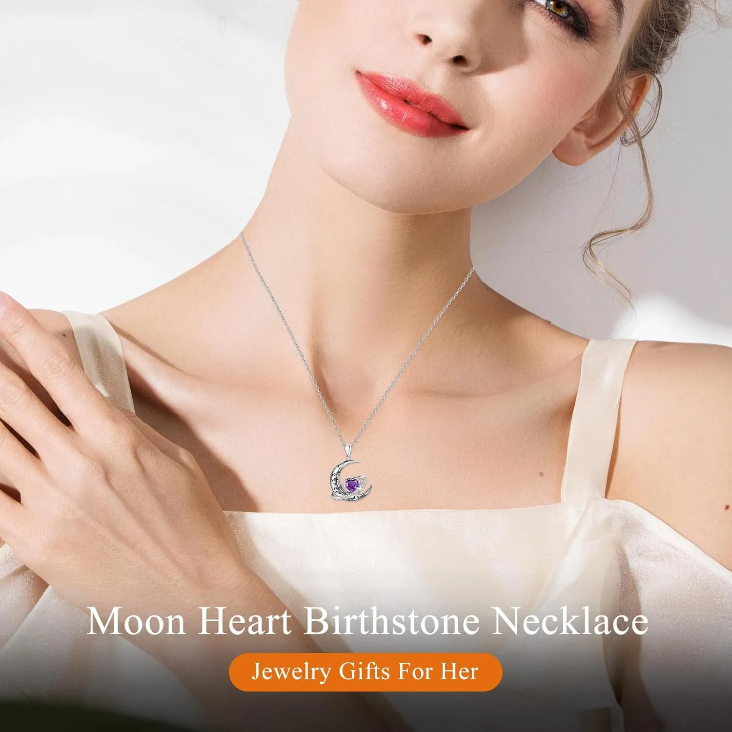 S925 Sterling Silver Moon Necklace for Women, I Love You to The Moon and Back Heart Birthstone Crescent Moon Star Pendant, Personalized Birthday Christmas Jewelry Gifts for Her/Mom/Wife