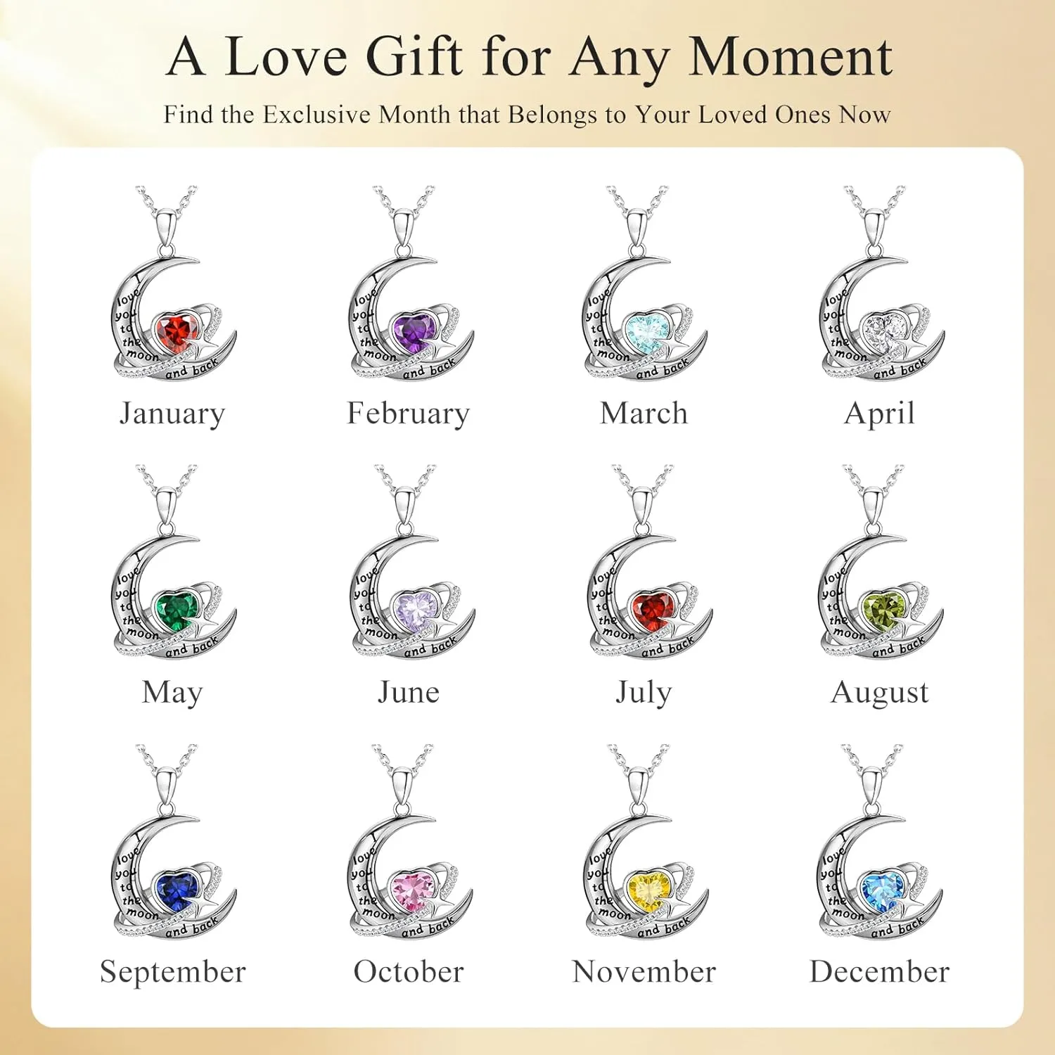 S925 Sterling Silver Moon Necklace for Women, I Love You to The Moon and Back Heart Birthstone Crescent Moon Star Pendant, Personalized Birthday Christmas Jewelry Gifts for Her/Mom/Wife