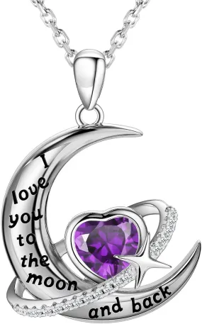 S925 Sterling Silver Moon Necklace for Women, I Love You to The Moon and Back Heart Birthstone Crescent Moon Star Pendant, Personalized Birthday Christmas Jewelry Gifts for Her/Mom/Wife