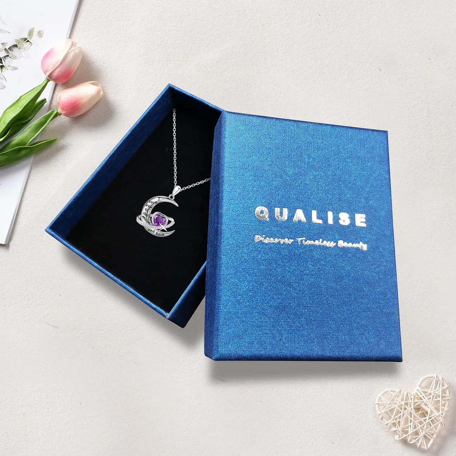 S925 Sterling Silver Moon Necklace for Women, I Love You to The Moon and Back Heart Birthstone Crescent Moon Star Pendant, Personalized Birthday Christmas Jewelry Gifts for Her/Mom/Wife