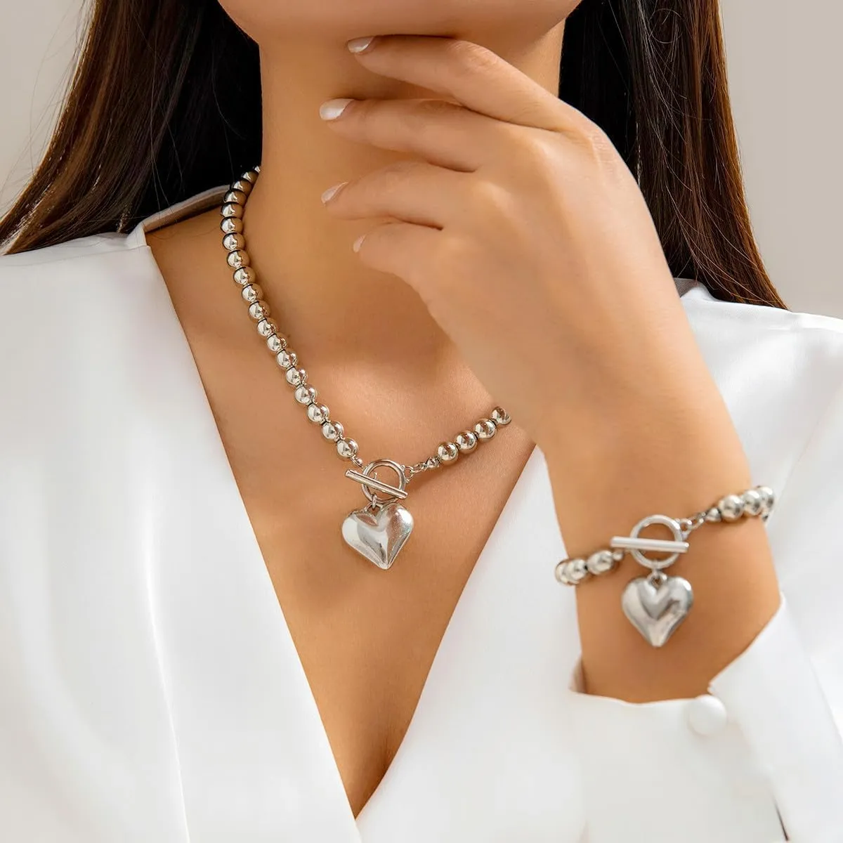 Salircon Chunky Gold Heart Choker Necklace and Bracelet Set With Big Pendant, Pearl Toggle, and Gold Beads