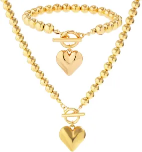 Salircon Chunky Gold Heart Choker Necklace and Bracelet Set With Big Pendant, Pearl Toggle, and Gold Beads